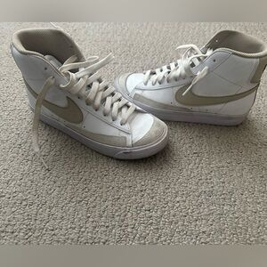 Kids Nike White High-Top Sneakers with Light Tan Swoosh
